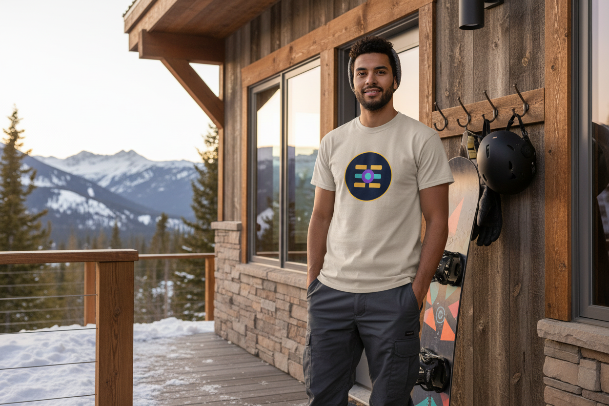 Latino male snowboarder wearing The Boards Shop T outside a Park City mountain apartment