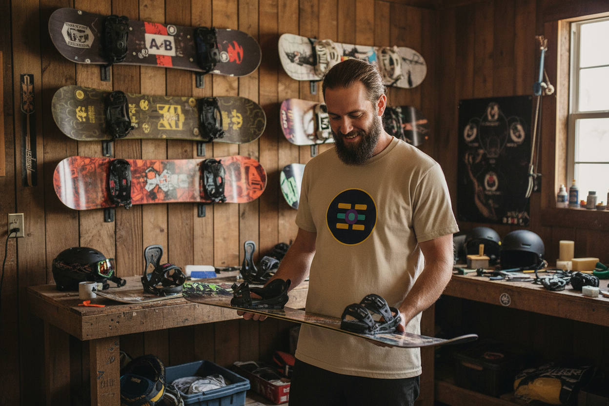 Bearded male snowboarder wearing The Boards Shop T in a rustic Park City garage
