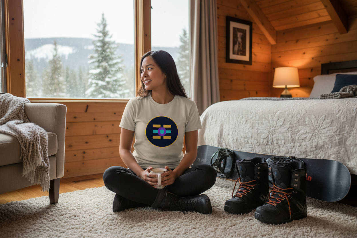 Asian woman wearing The Boards Shop T in a cozy ski chalet bedroom