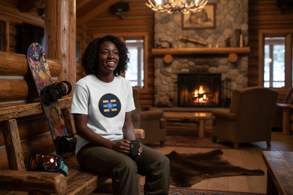 Black female snowboarder wearing The Boards Shop T in a Park City mountain lodge